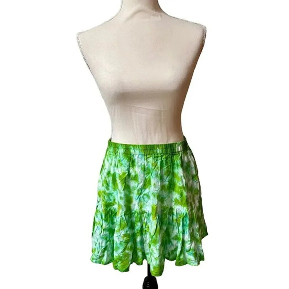 Raga Gypsy Festival Green Tie Dye Mini Skirt M Boho Flowy Rayon Summer Vacation - Picture 2 of 9